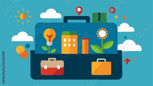 Ethical Investment Portfolio An open briefcase filled with symbols of renewable energy social justice and wellness representing a diversified ethical investment portfolio.