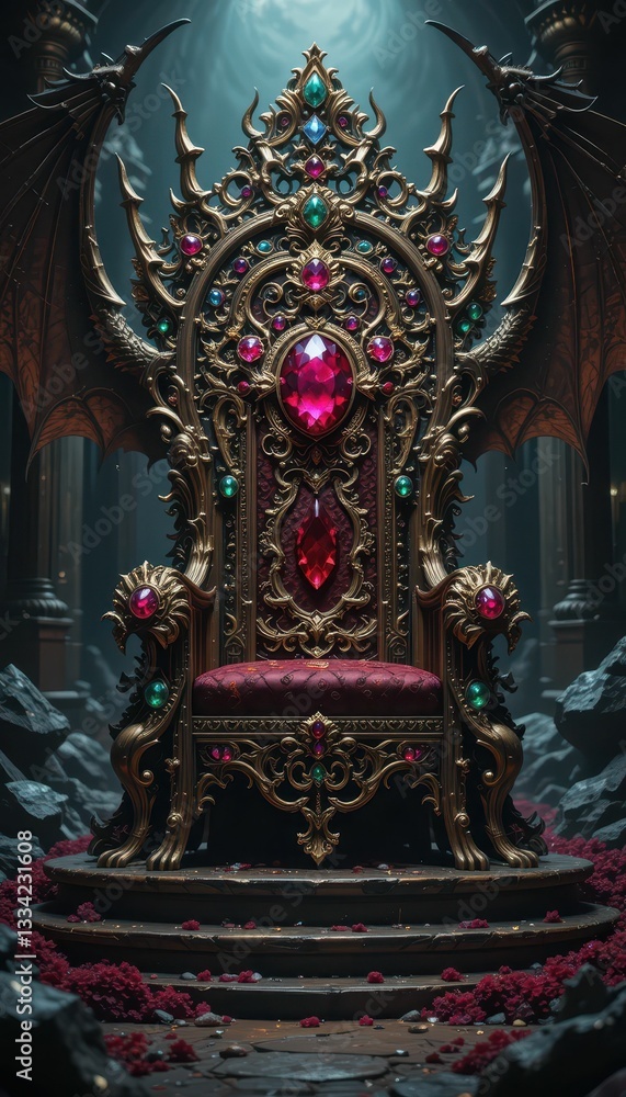 Majestic Ornate Throne with Gemstone Accents in Dark Fantasy Setting