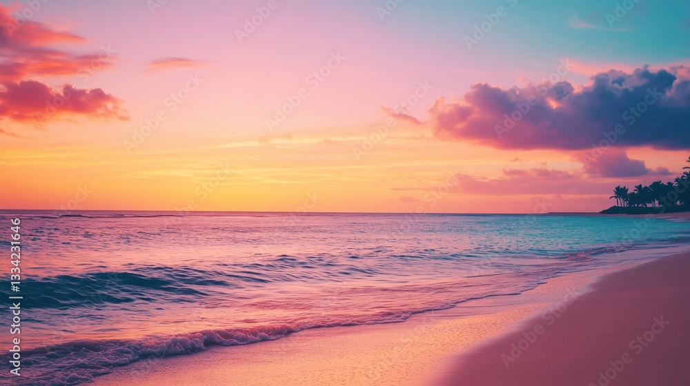 Fototapeta premium Tropical Beach Sunset with Silhouetted Palm Trees and Vibrant Pink Orange Sky - Serene Coastal Landscape for Relaxation and Travel Inspiration