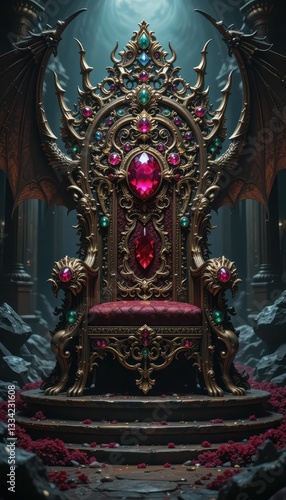 Majestic Ornate Throne with Gemstone Accents in Dark Fantasy Setting