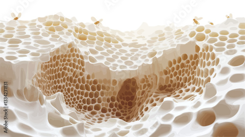 Close-up macro shot of a honeycomb structure. The image shows intricate hexagonal cells of varying depths, filled with honey and some containing bees.  The honeycomb is presented against a bright