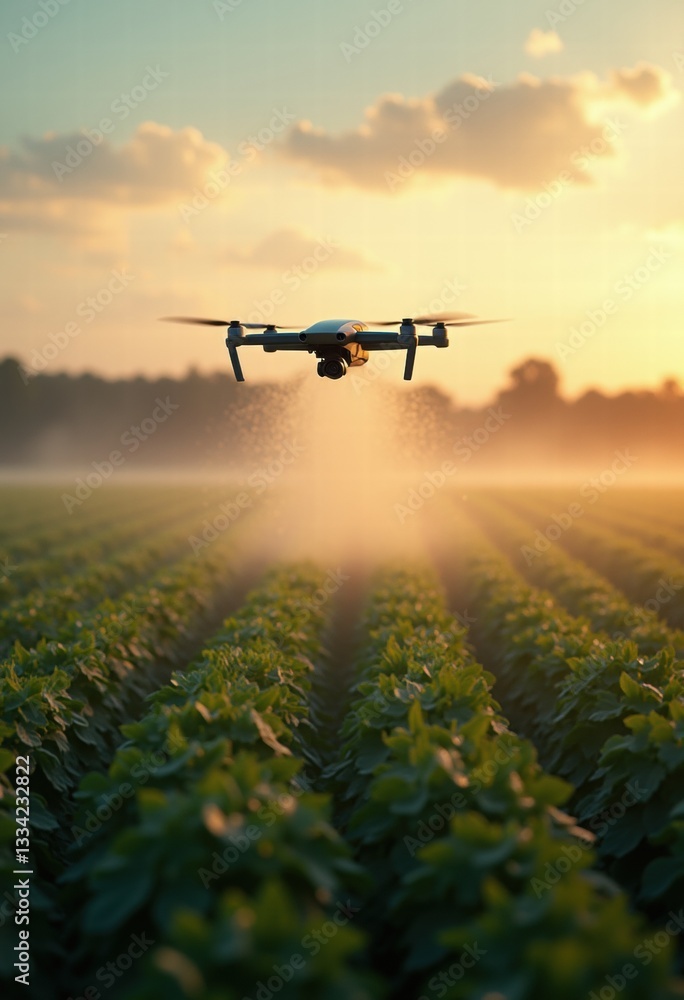 A drone sprays crops in a lush field at sunset, showcasing modern agricultural technology and the intersection of innovation and nature. A drone sprays crops in a lush field at sunset, showcasing modern agricultural technology and the intersection of innovation and nature.
