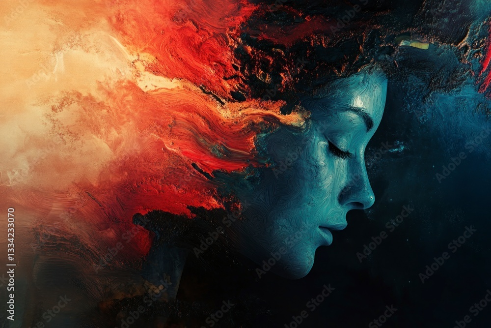 Artistic Woman Profile with Flowing Abstract Paint Effect and Dark Background Artistic Woman Profile with Flowing Abstract Paint Effect and Dark Background