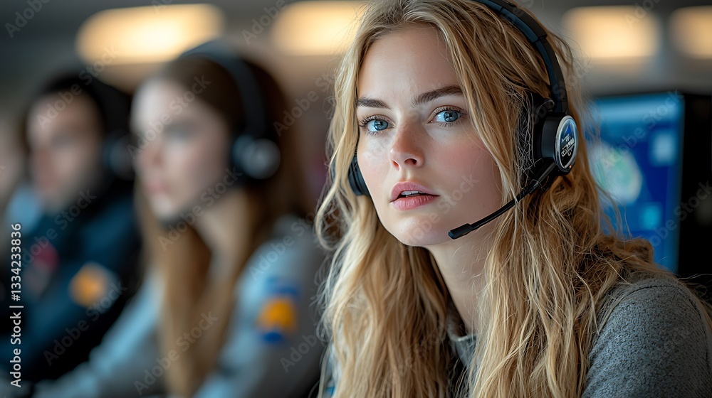 Young woman wearing headset with colleagues at a workplace Young woman wearing headset with colleagues at a workplace