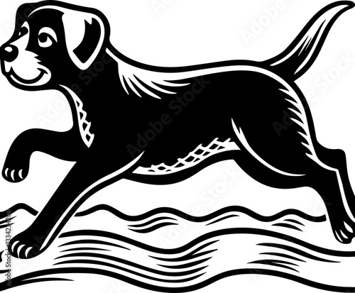 A playful dog chasing seagulls on the beach in a clean-line vector SVG illustration. Dog Running Along the Shore in Silhouette Style