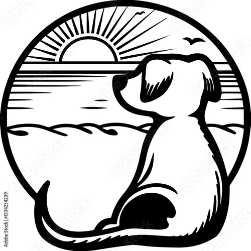 A playful dog chasing seagulls on the beach in a clean-line vector SVG illustration. Playful Dog Jumping for Ball Near Tropical Palm Trees