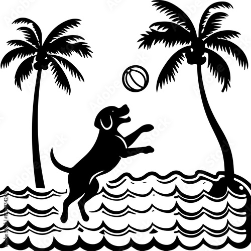 A playful dog chasing seagulls on the beach in a clean-line vector SVG illustration. Playful Black Dog Running Across A Wavy Landscape Design