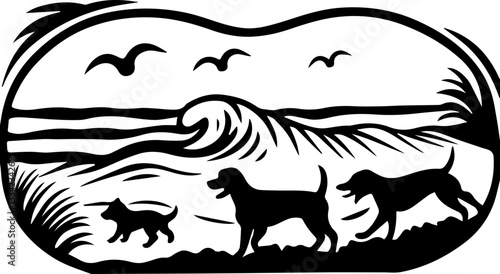 A playful dog chasing seagulls on the beach in a clean-line vector SVG illustration. Playful Dog Jumping in Water Splashing Around Joyfully