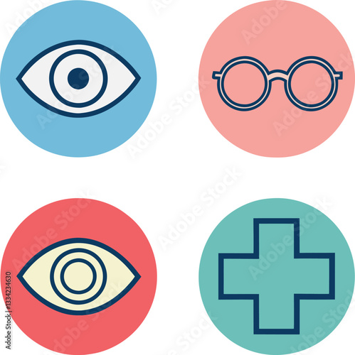 Four simple, colorful icons representing key aspects of eyesight care: an eye, eyeglasses, and a medical cross.