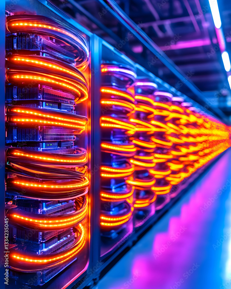 Obraz premium Vibrant server room with illuminated data center racks