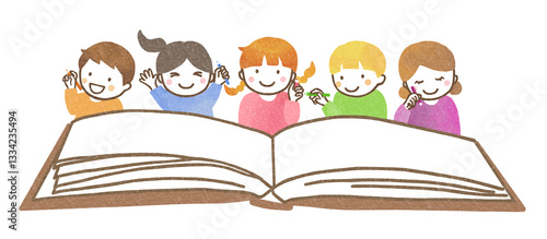 ペンを持つ子供たちと開いた本