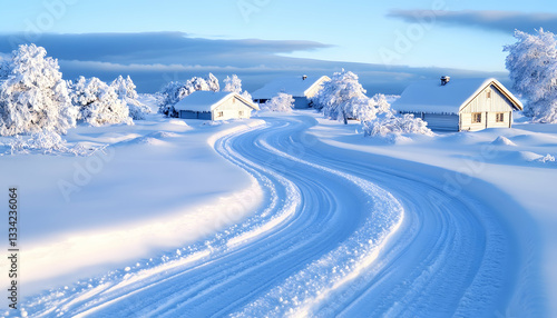 Wallpaper Mural Winding snow-covered road through a serene winter village landscape with snow-laden trees and houses Torontodigital.ca