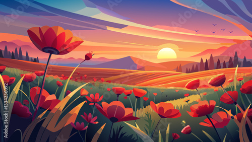 Breathtaking landscape of a poppy field at sunset with the sun dipping low on the horizon, casting a warm glow over the vibrant red flowers