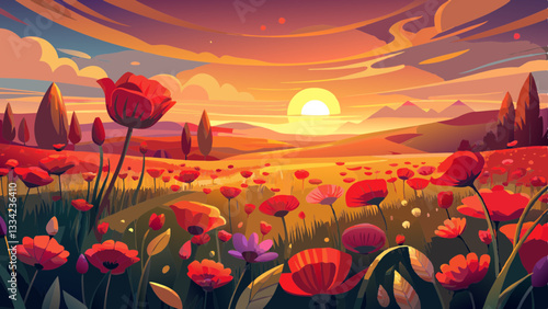 Breathtaking landscape of a poppy field at sunset with the sun dipping low on the horizon, casting a warm glow over the vibrant red flowers