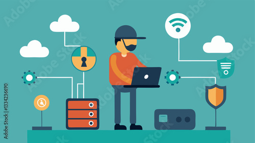 Secure Network Setup An engineer setting up secure network equipment with routers and cables surrounded by icons of secure connections and padlocks to symbolize their work in