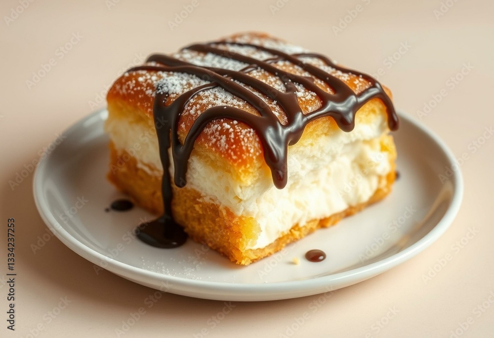 A sweet and indulgent Australian dessert, Lamington, on a white plate, with chocolate glaze and powdered sugar. A sweet and indulgent Australian dessert, Lamington, on a white plate, with chocolate glaze and powdered sugar.