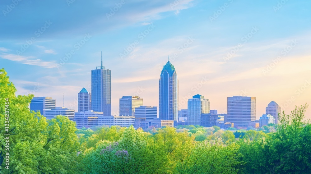 A vibrant cityscape with tall buildings and lush green trees A vibrant cityscape with tall buildings and lush green trees