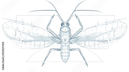 The image is a detailed line drawing of a praying mantis viewed from a dorsal perspective. The illustration showcases the insect's intricate anatomical features, including its long, slender legs,