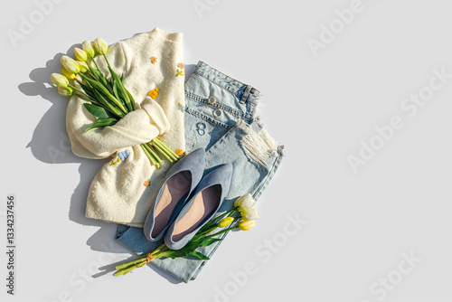 Wallpaper Mural Fashion spring outfit. White jumper with bouquet of tulips flowers,  jeans and ballet shoes. Women's stylish and elegant clothes with accessory and jewelry. Fashionable look. Torontodigital.ca