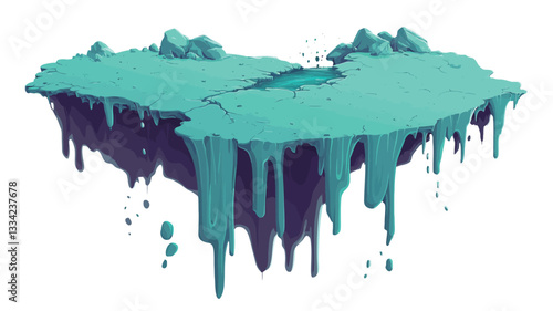 Digital illustration of a floating island rendered in a painterly style. The island is primarily teal, with a darker purple underside. The edges of the island appear to be melting or dripping, with