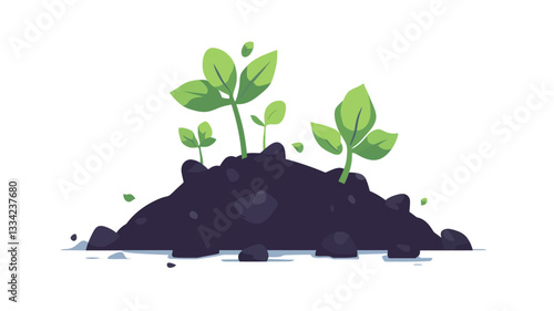 A digital illustration depicting a small pile of dark-colored soil with several small seedlings emerging from it. The seedlings have bright green leaves and are rendered in a simplified, cartoonish