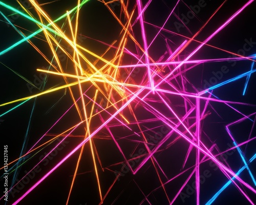 Bright neon line intersections forming an intricate geometric web, complex and energetic