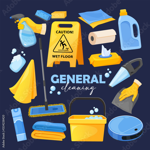 Vector cartoon cleaning equipment icons collection includes cleaning spray, robot vacuum cleaner, wet napkins, water bucket, air freshener, soap with bubbles, wet floor sign etc.