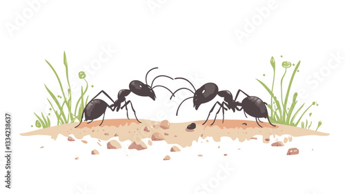 Illustration of two stylized ants facing each other at the entrance of an anthill. The ants are depicted in a cartoonish style with visible details. The background includes small tufts of grass and