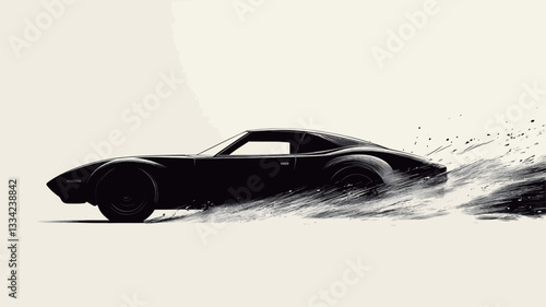 The image is a monochrome illustration or digital painting of a classic sports car in motion.  The car is depicted in profile view, moving from left to right.  There is a noticeable motion blur