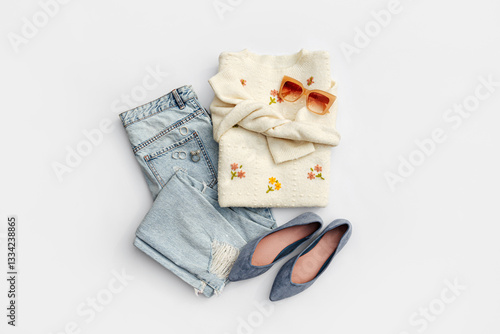 Wallpaper Mural Fashion spring outfit. White jumper with blue jeans and ballet shoes. Women's stylish and elegant clothes with accessory and jewelry. Fashionable look. Flat lay, top view, overhead. Torontodigital.ca