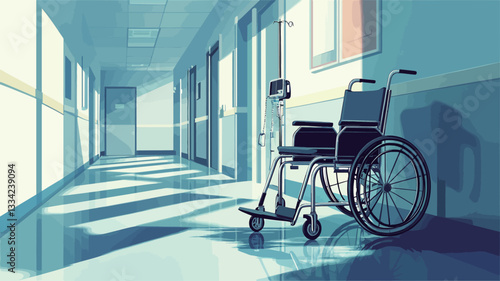 The image is a digital illustration depicting a hospital corridor. The corridor is long and features pale blue walls and flooring. Sunlight streams in from an unseen source, casting shadows and