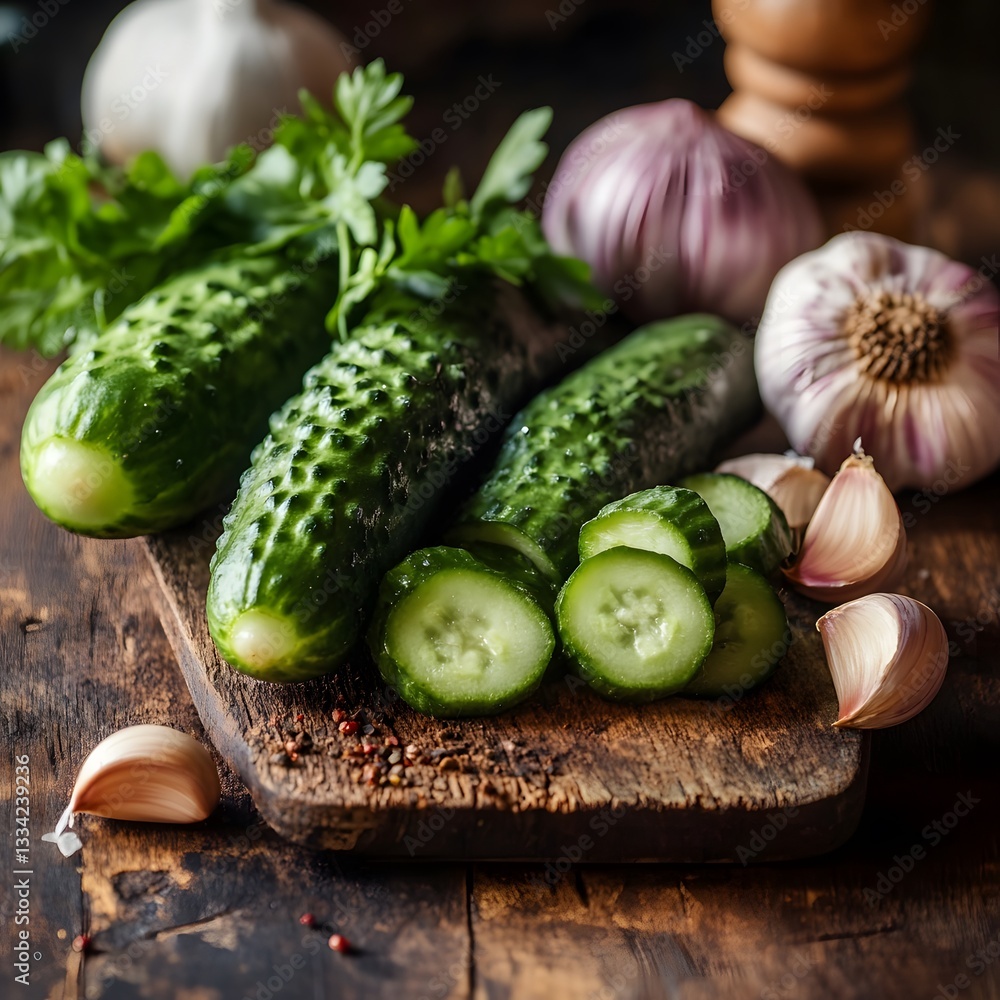 Fresh Green Cucumbers with Garlic and Parsley on Rustic Wooden Board Fresh Green Cucumbers with Garlic and Parsley on Rustic Wooden Board