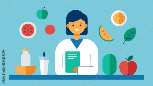 Food Sensitivity Test A nutritionist analyzes results from a food sensitivity test with various food items around them helping to tailor diets for clients with allergies or