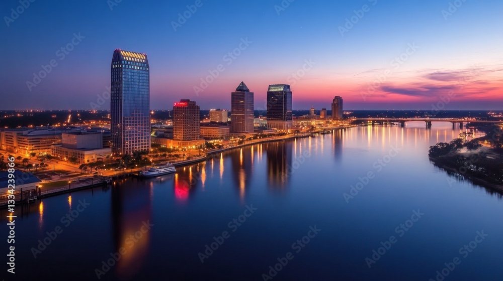 Fototapeta premium Cityscape view of skyscrapers and water at twilight hour