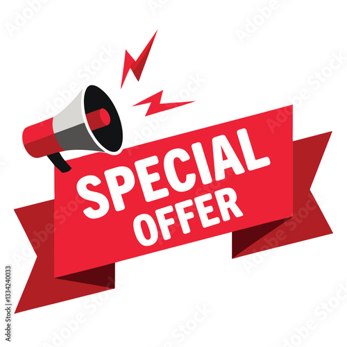 Special offer announcement with megaphone and red ribbon.