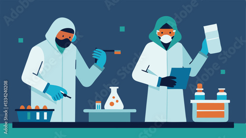 Safety in the Lab A lab scene showing scientists in gloves and masks ensuring safety while handling samples of suspected gunshot residue.