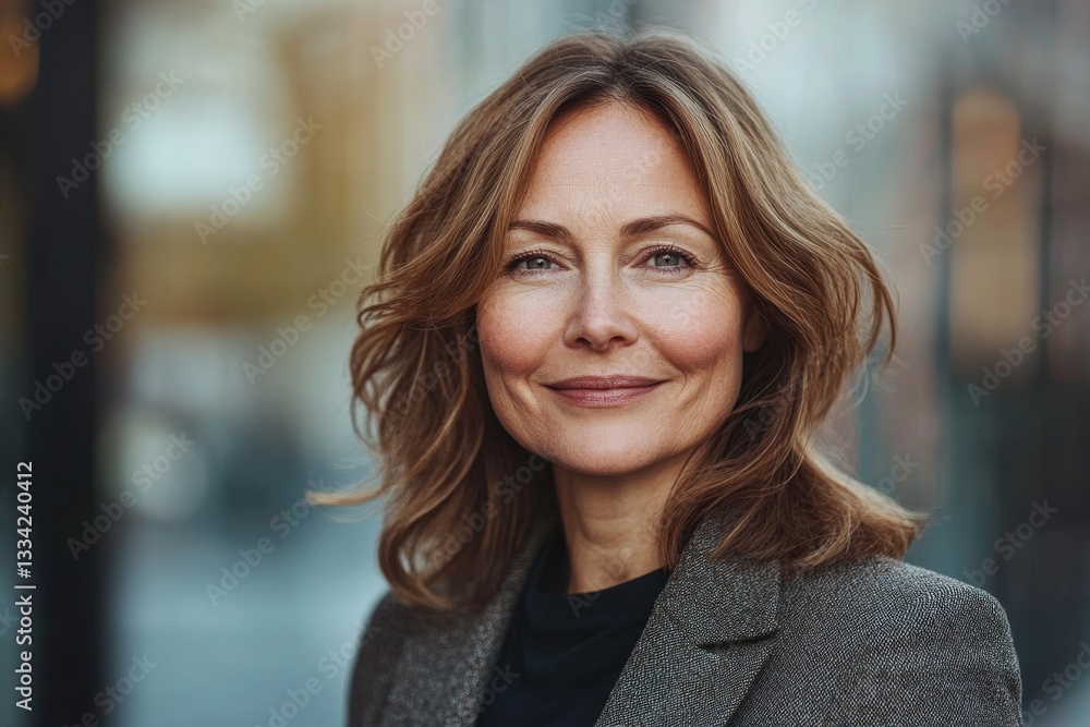 Fototapeta premium Confident businesswoman poses outdoors in urban setting during bright day