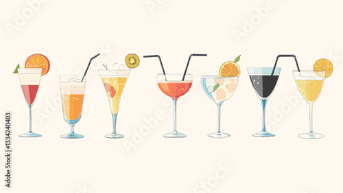 A digital illustration depicting a horizontal row of eight different cocktails in various glasses. Each cocktail is rendered in a flat, simplistic style with bright, solid colors and minimal
