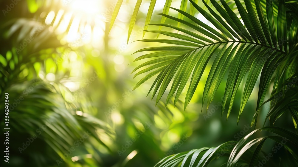 Fototapeta premium Tropical Jungle Background with Lush Green Leaves and Sunlight Filtering Through Canopy - Exotic Nature and Rainforest Atmosphere