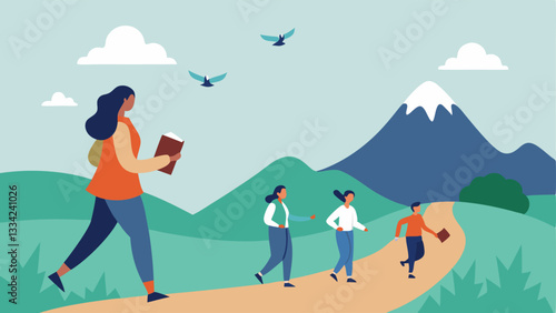 Guided Hike A wellness retreat planner leading a small group on a picturesque hiking trail with mountains in the background and birds in the sky.