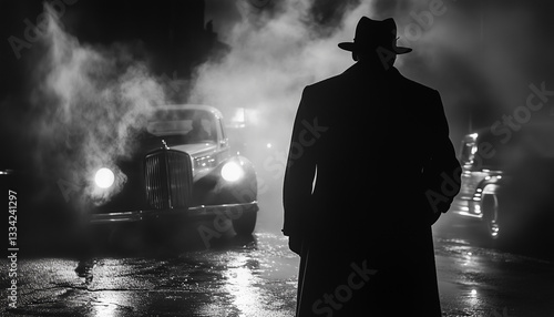 Retro noir movie scene, gangster silhouette standing near the retro car
