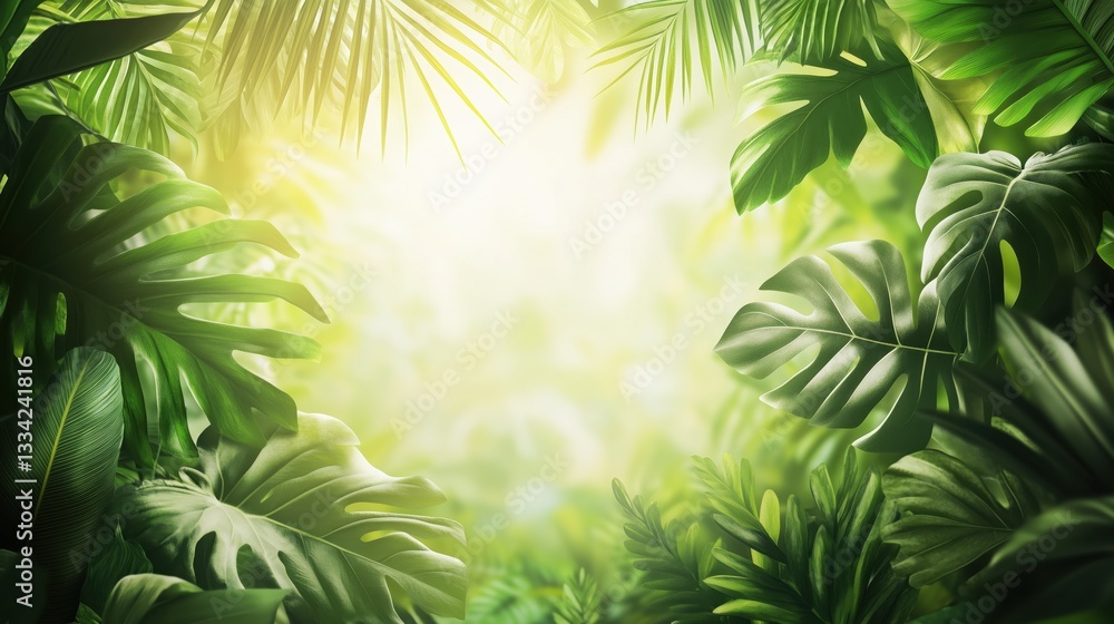 Fototapeta premium Tropical Jungle Background with Lush Green Leaves and Sunlight Filtering Through Canopy - Exotic Nature and Rainforest Atmosphere