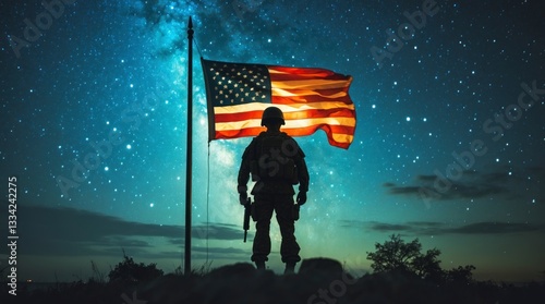 Silhouette Soldier American Flag Night Sky Stars