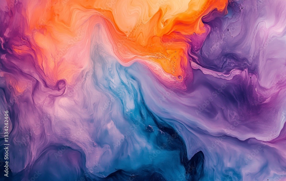 Abstract Fluid Acrylic Pour Painting with Orange, Blue, and Purple Hues Abstract Fluid Acrylic Pour Painting with Orange, Blue, and Purple Hues