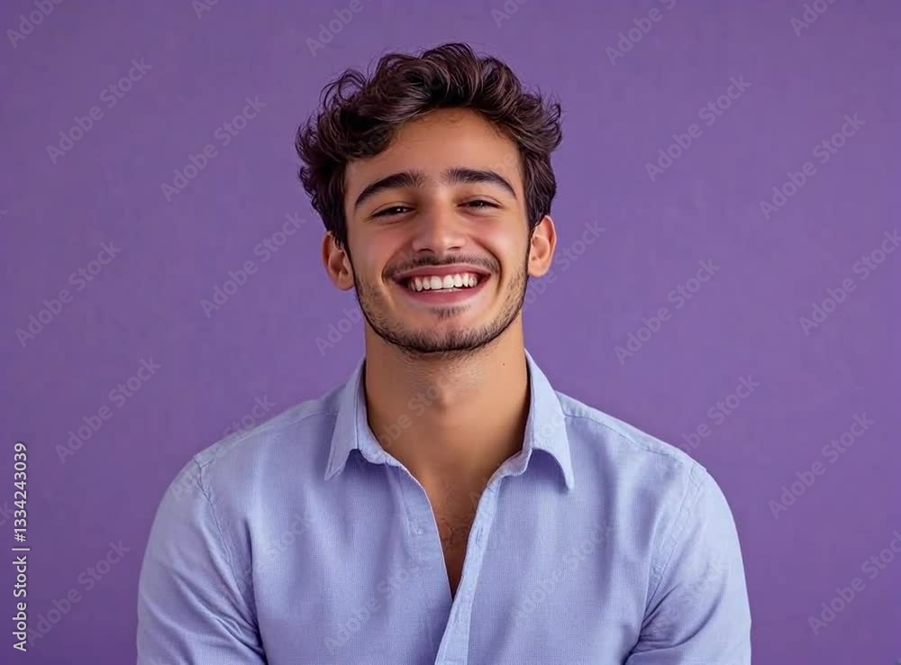Smiling young man with curly hair wearing a light blue shirt against a vibrant purple background Smiling young man with curly hair wearing a light blue shirt against a vibrant purple background