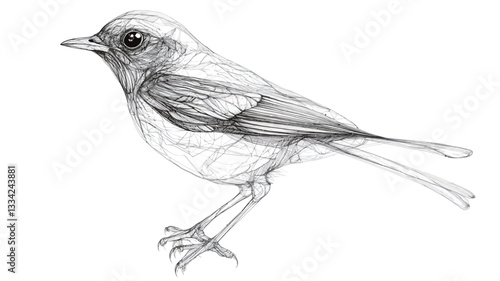 A detailed grayscale graphite pencil sketch of a small bird depicted in profile view. The drawing showcases fine lines and shading to render the bird's feathers, beak, legs, and body structure.
