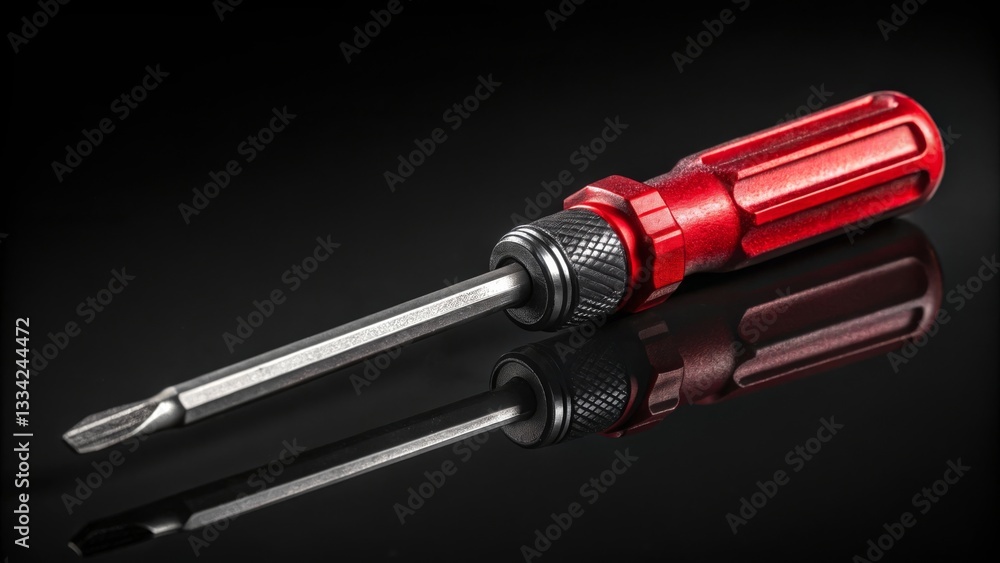 Red and black screwdriver reflected on glossy black surface, professional hand tool design, industrial repair equipment for precision tasks Red and black screwdriver reflected on glossy black surface, professional hand tool design, industrial repair equipment for precision tasks