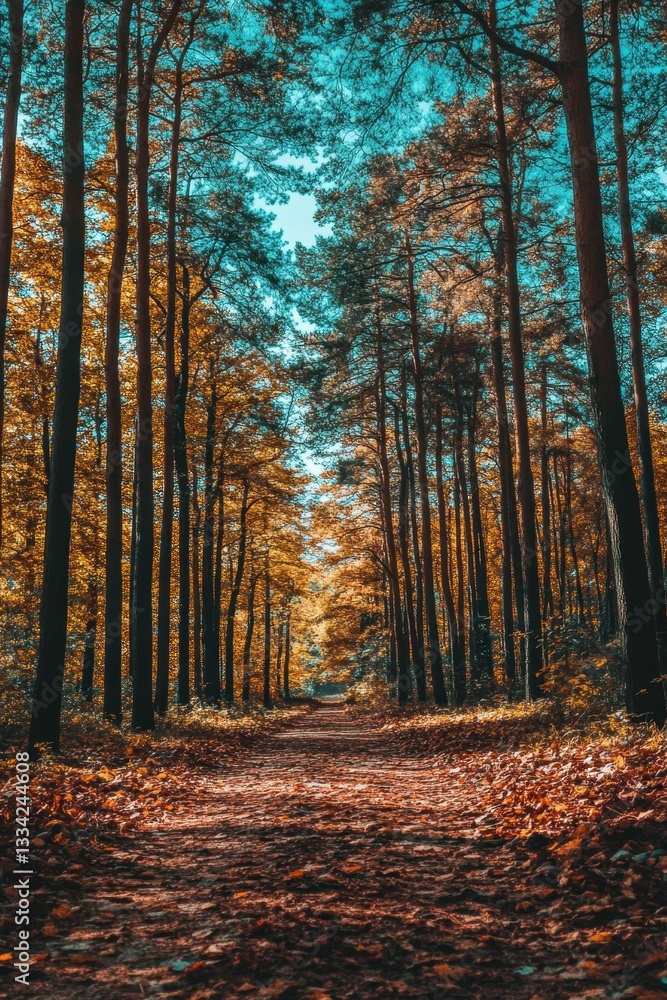 Fototapeta premium Autumnal Forest Path: A Serene Walk Through Golden Trees
