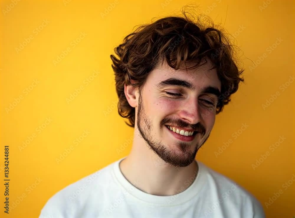 Smiling young man poses against a bright yellow background showcasing confidence and joy Smiling young man poses against a bright yellow background showcasing confidence and joy
