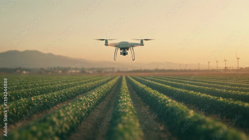 Drone flying over green agricultural field at sunset for modern farming, technology in agriculture and environmental innovation concept Drone flying over green agricultural field at sunset for modern farming, technology in agriculture and environmental innovation concept